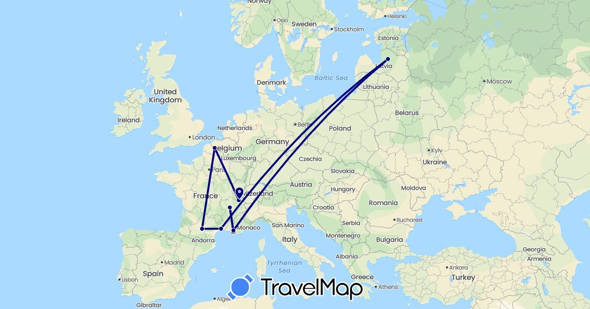TravelMap itinerary: driving in Switzerland, France, Latvia (Europe)